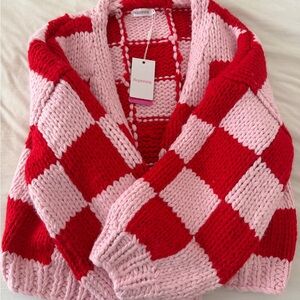 BEGINNING BOUTIQUE ✨- Envi Pink and Red Checkered Knit Cardigan